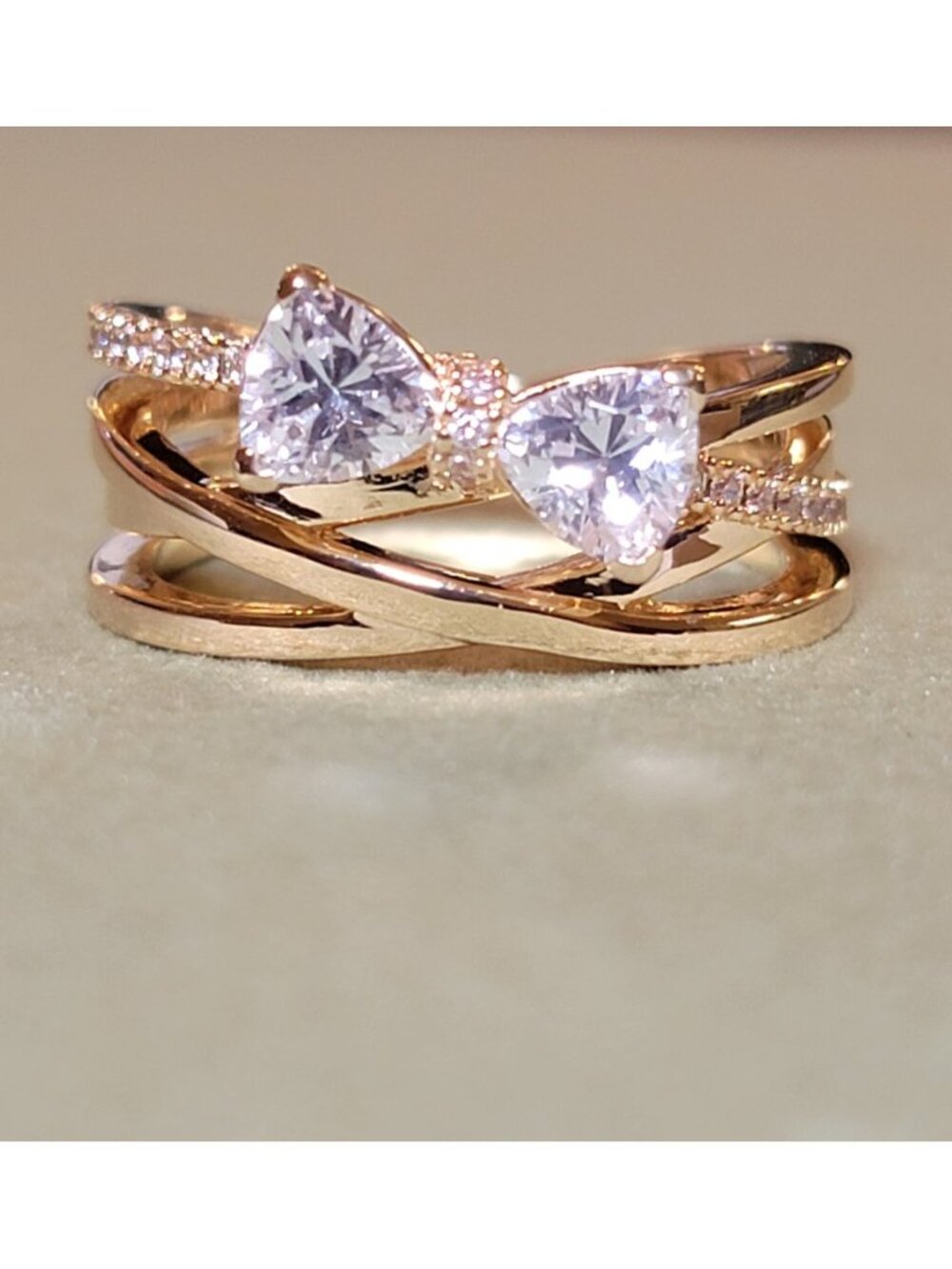Pandora Sparkling Bow & Crossover Band Ring 14K Gold Plated Size 7